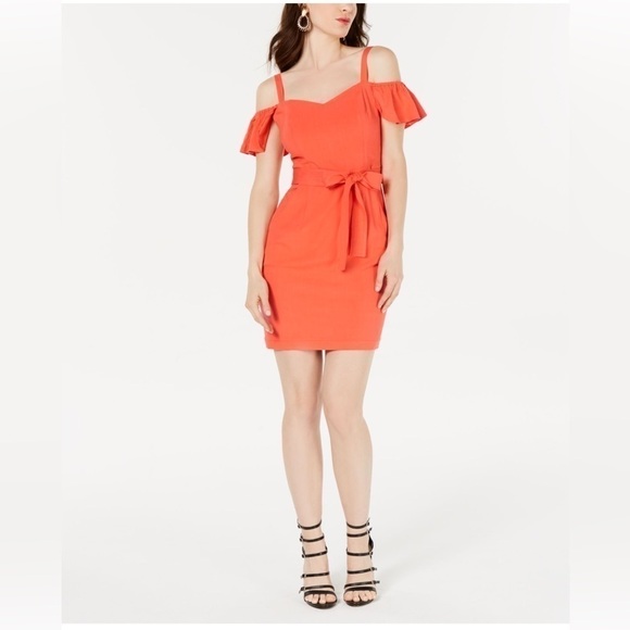 GUESS-COLD Shoulder Bright Orange Mini Dress (Size:Small) - Picture 1 of 16